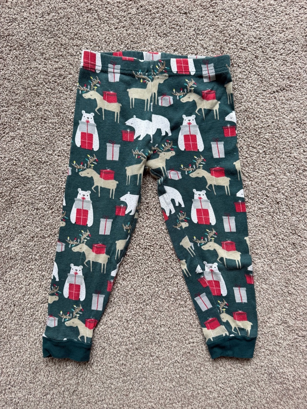Wonderkids Green Holiday Animal Print Pajama Bottoms with Red & White Gifts